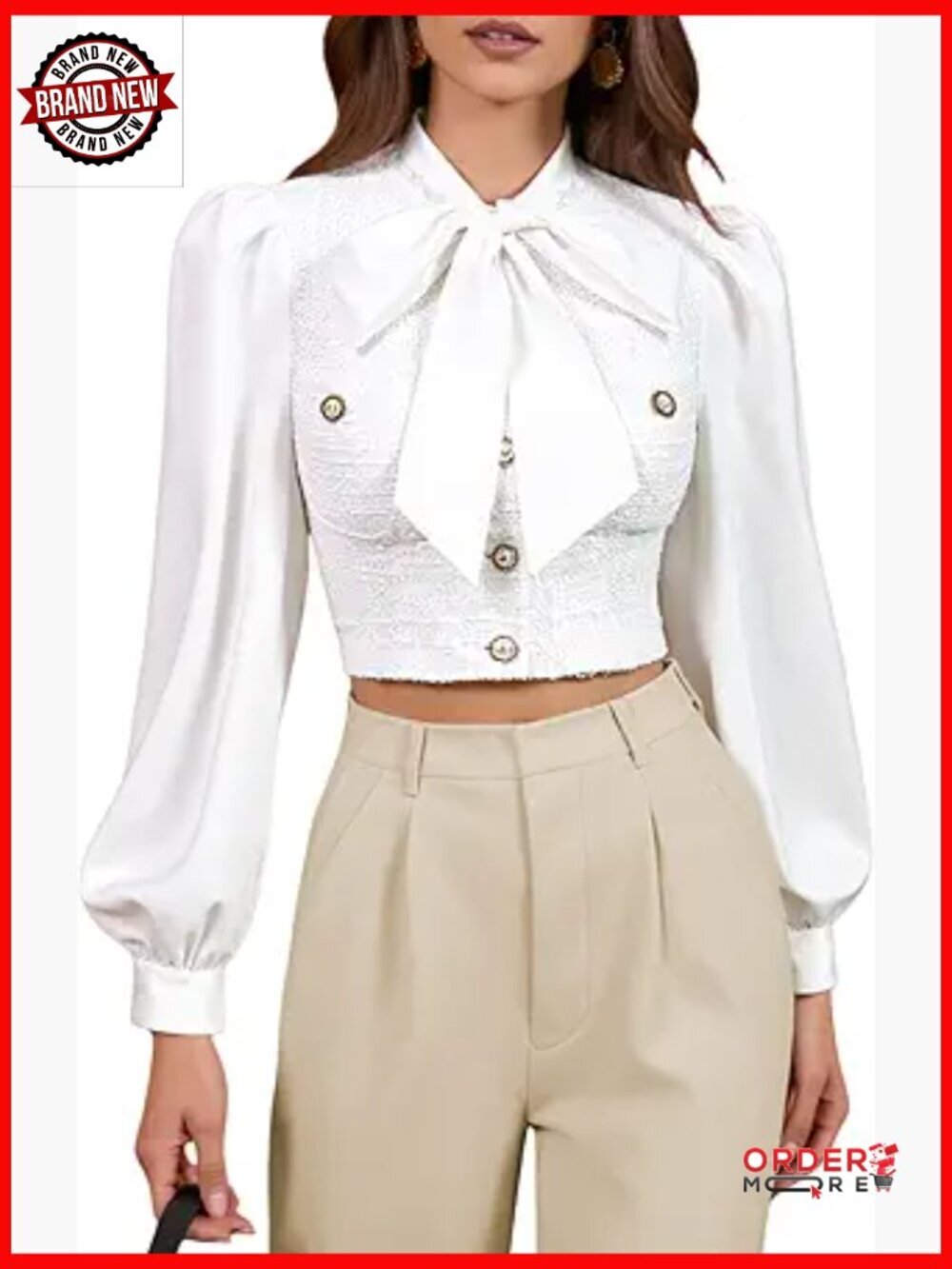 Button Down Crop Blouse Lantern Sleeve Tweed Top